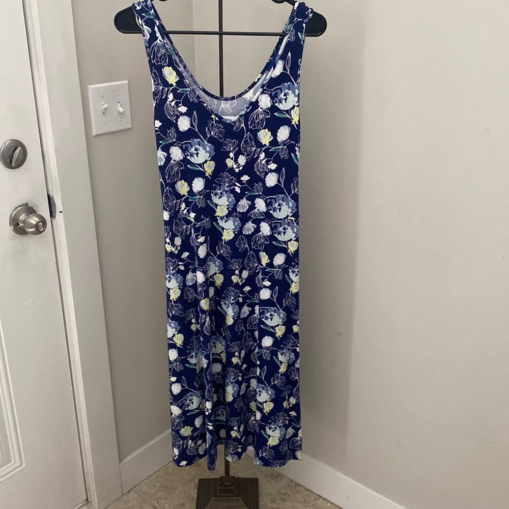 Apt 9 Navy White Floral Back Tie Cotton Modal Midi Tank Dress Womens Medium M